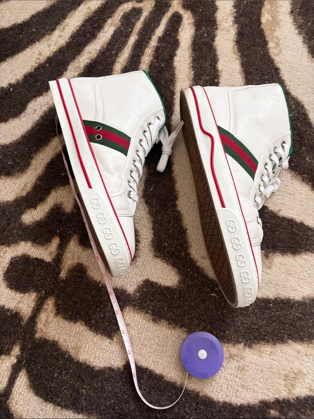 Gucci White High-Top Tennis Sneaker with Green Lining and Red Trim